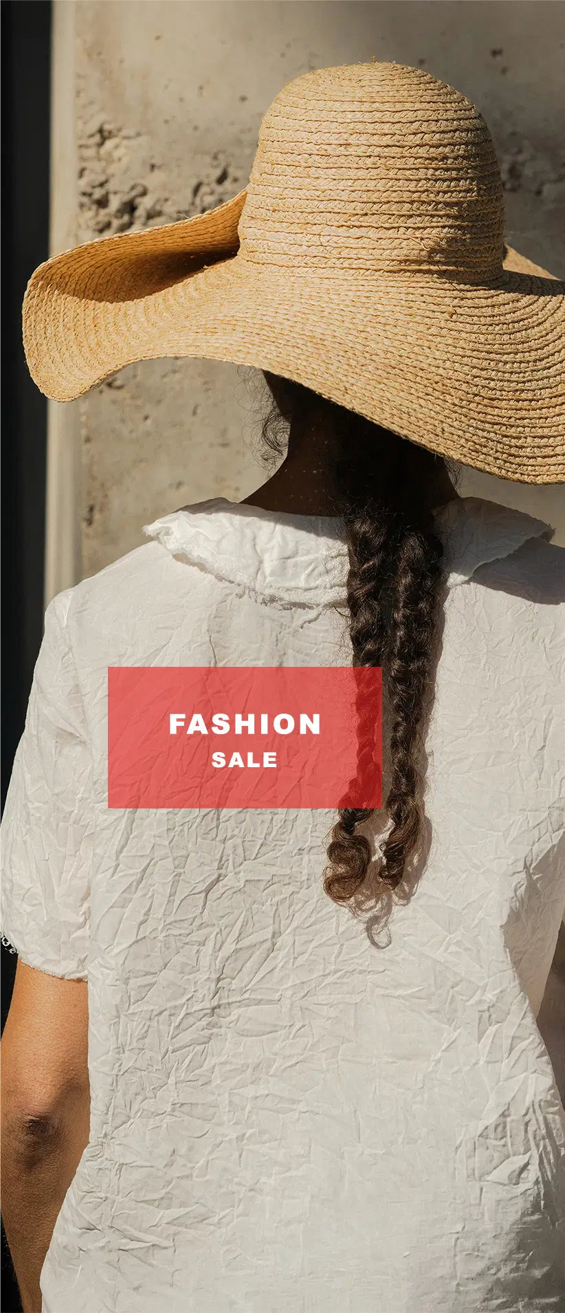 Plümo  Woman in straw hat and white top, seen from behind, with Fashion Sale text overlayed in a red box.