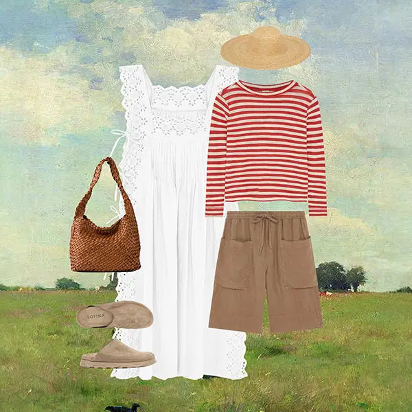 Plümo  Collage of a white dress, striped top, tan shorts, straw hat, brown bag, and beige slip-on shoes on a grassy field background.