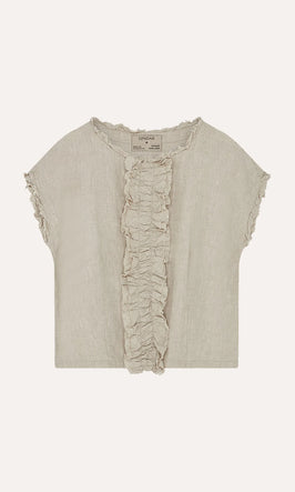 Plümo  Light beige short-sleeve linen blouse with ruffled trim along the front and frayed edges on the sleeves and neckline.