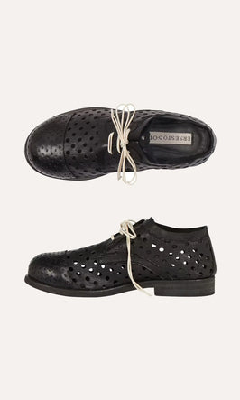 Plümo  Black perforated leather oxford shoes with white laces, shown from the top and side on a light background.