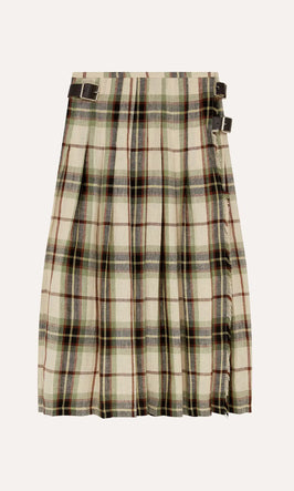 Plümo  Pleated tartan kilt with green, white, and brown checks, featuring two side buckles on the waistband.