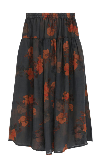 Plümo- Bloom Skirt: Black midi skirt with flowy silhouette, elasticated waist, and vibrant orange floral print.