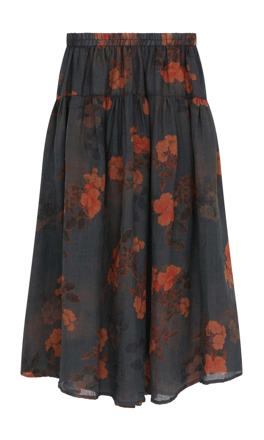 Plümo- The Bloom Skirt is a black midi with a floral print, sheer overlay, elastic waist, and a flowy silhouette.