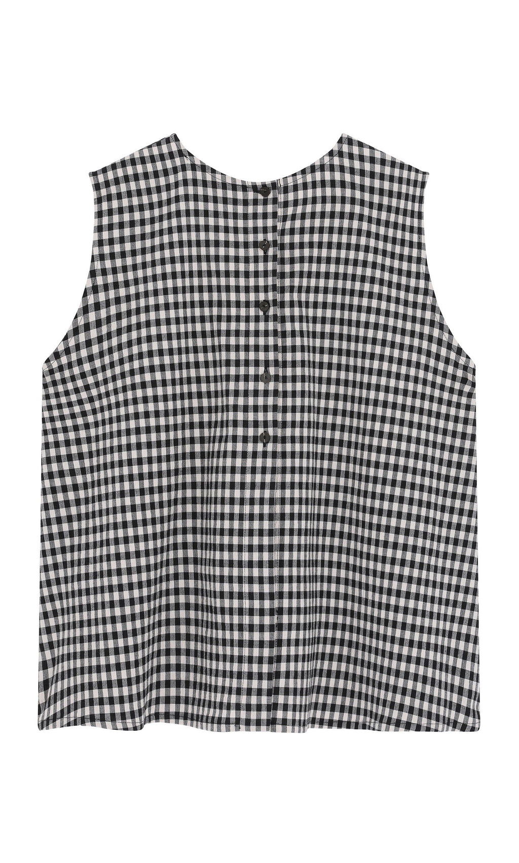 Plümo- Serena Top - Gingham: sleeveless seersucker button-back with black and white checks, shown on a white background.