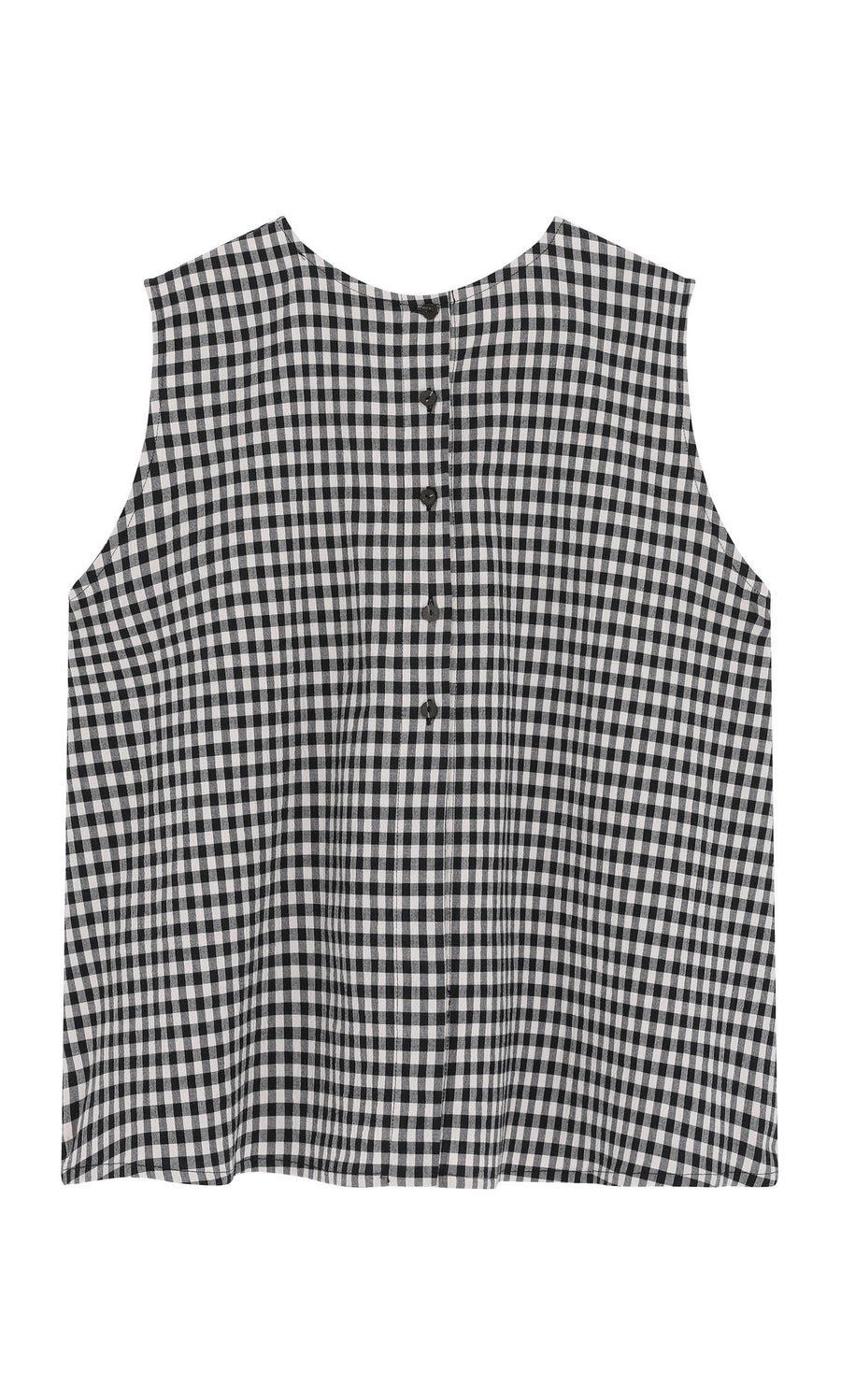 Plümo- Serena Top - Gingham: sleeveless seersucker button-back with black and white checks, shown on a white background.
