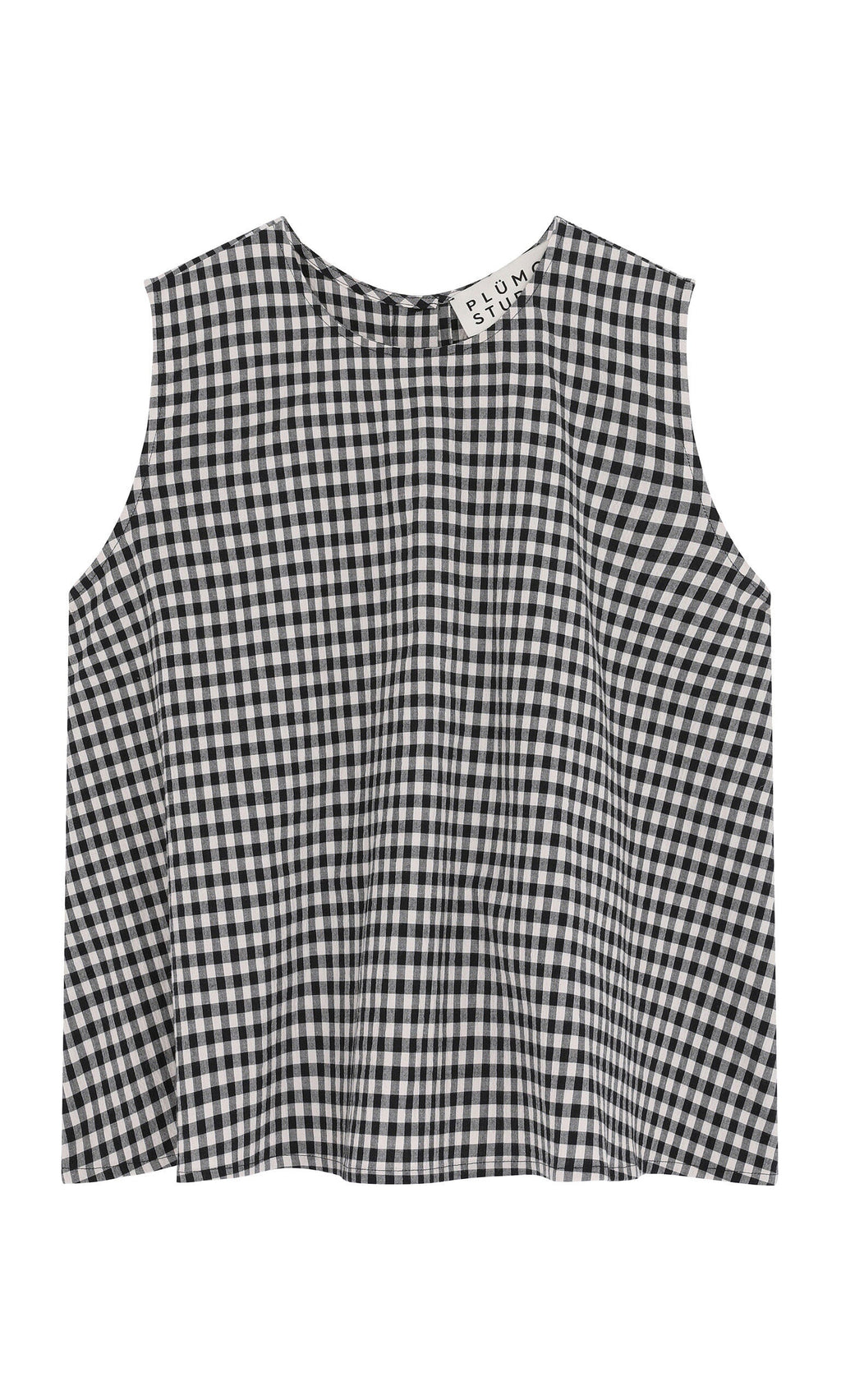 Plümo- Serena Top - Gingham: sleeveless black and white seersucker top with round neckline, flat on white background.