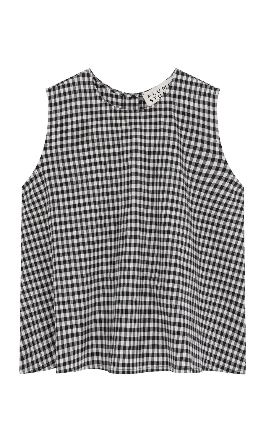 Plümo- Serena Top - Gingham: sleeveless black and white seersucker top with round neckline, flat on white background.