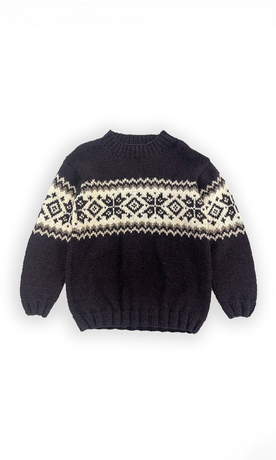 Plümo- Shingle Jumper: black knit sweater with white Fair Isle snowflake pattern, shown flat on a white background.