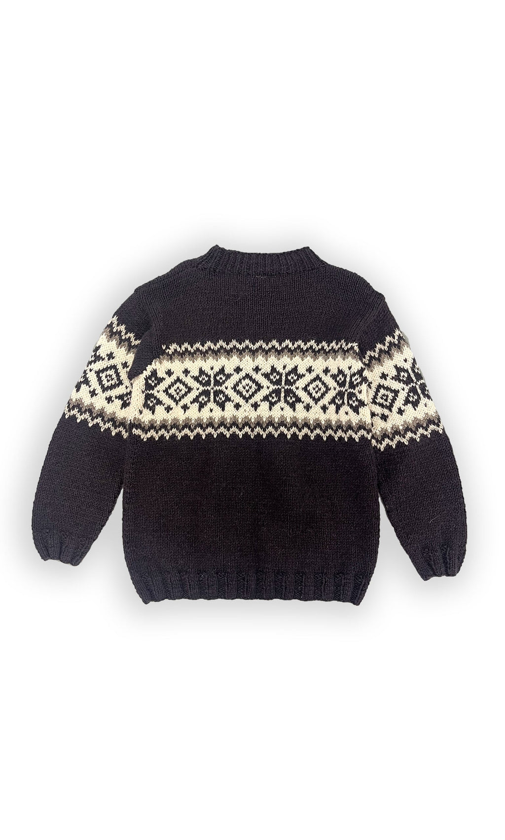 Plümo- Shingle Jumper: black knit sweater with white geometric Fair Isle pattern, shown flat on a white background.