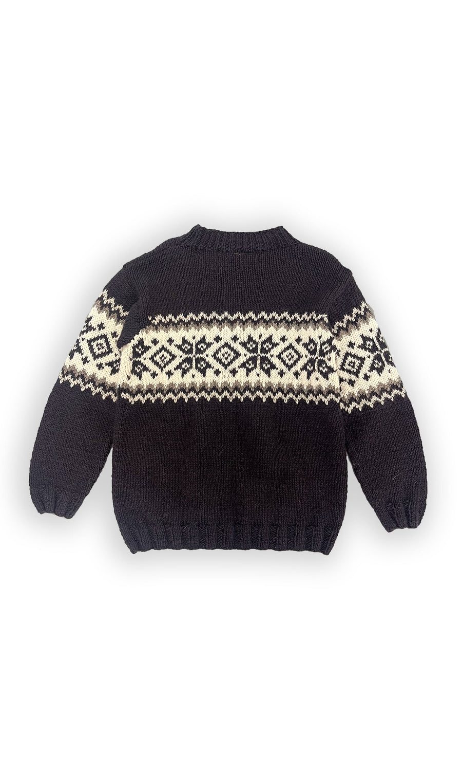 Plümo- Shingle Jumper: black knit sweater with white geometric Fair Isle pattern, shown flat on a white background.