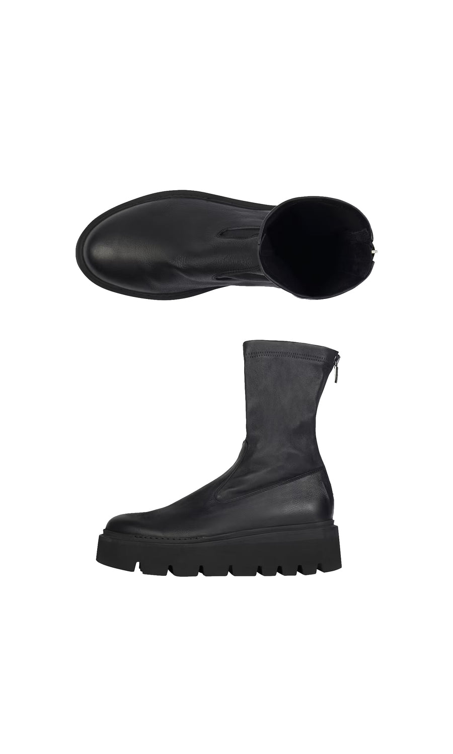 Plümo- Short Prato Boots: Black leather ankle boots with chunky soles, Danish design shown from side and top views on white.