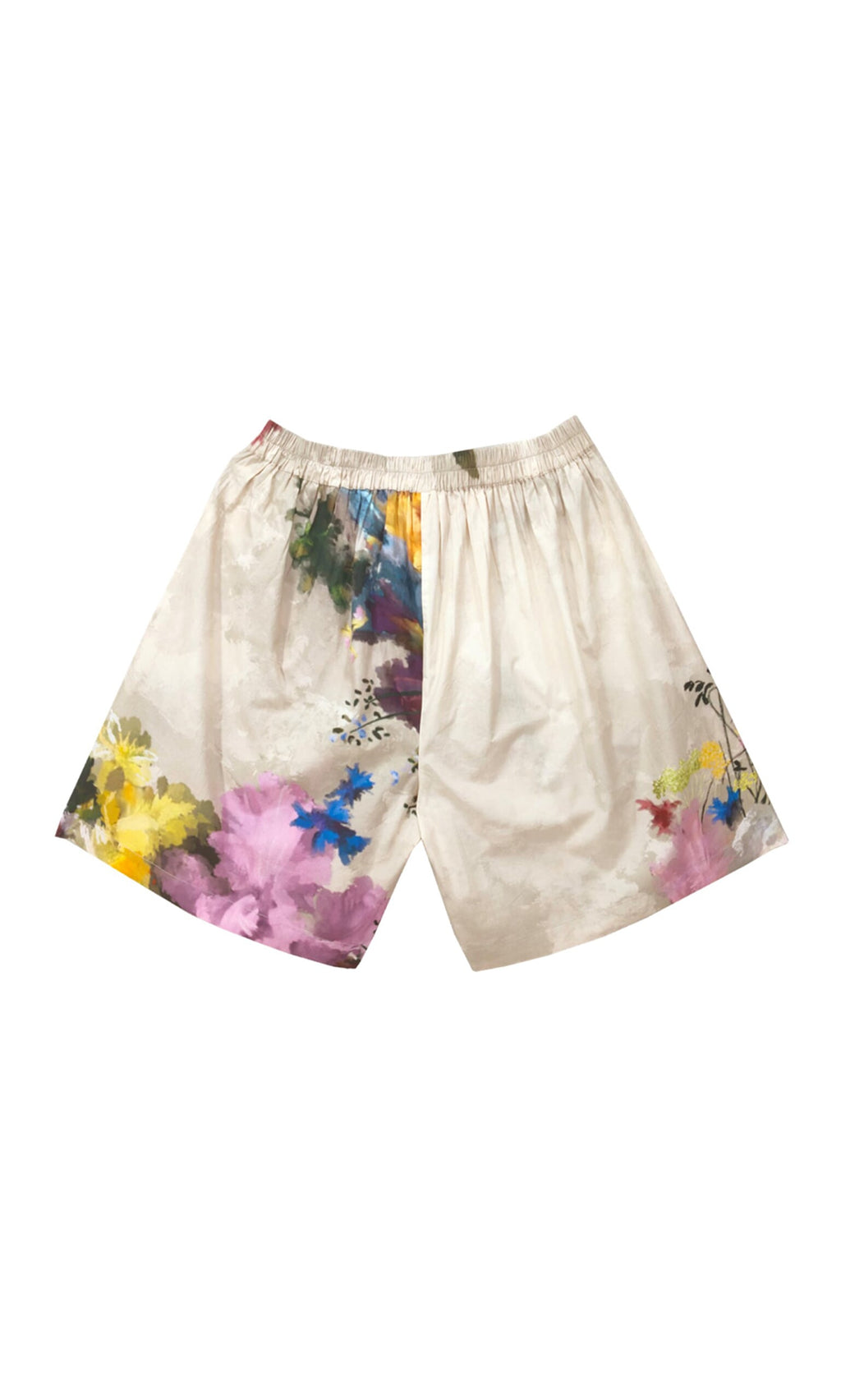 Plümo- Siena Shorts: Beige cotton with a relaxed fit, detailed with vibrant watercolour florals on bottom and sides.