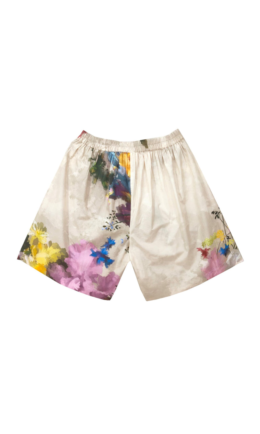 Plümo- Siena Shorts: Beige cotton with a relaxed fit, detailed with vibrant watercolour florals on bottom and sides.