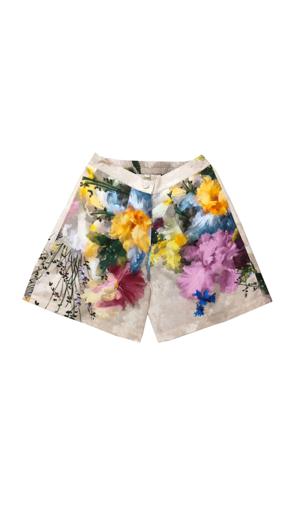 Plümo- Siena Shorts: Relaxed cotton shorts with watercolor florals in yellow, pink, and blue on a light background.