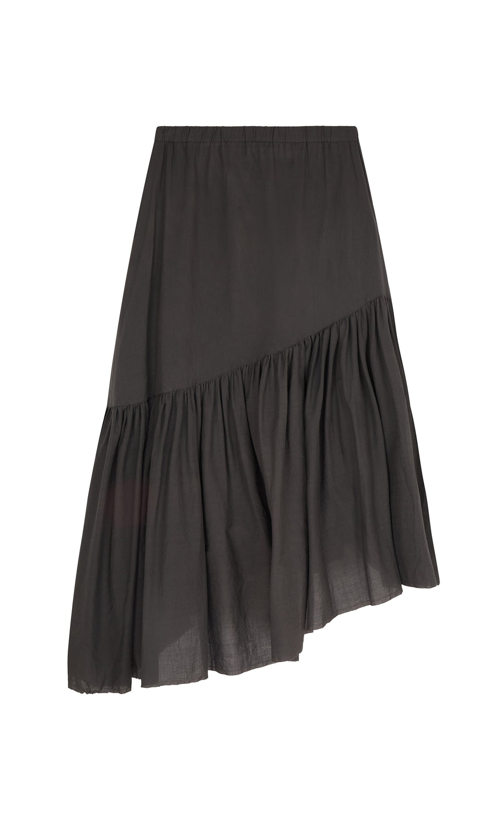Plümo- Black Skegg Skirt by PLÜMO Studio in cotton voile with asymmetrical ruffled hem, shown on a white background.