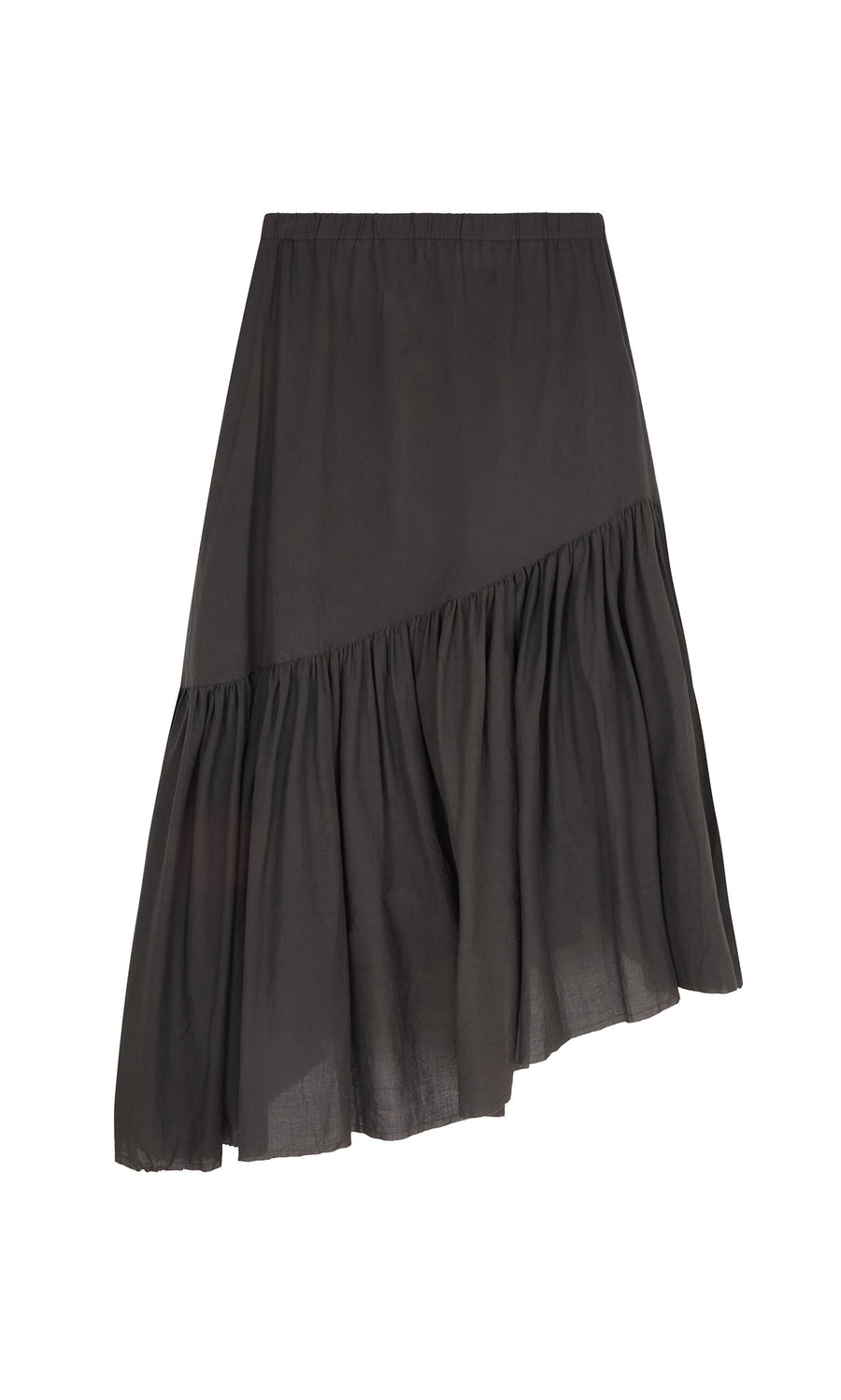 Plümo- Black Skegg Skirt by PLÜMO Studio in cotton voile with asymmetrical ruffled hem, shown on a white background.