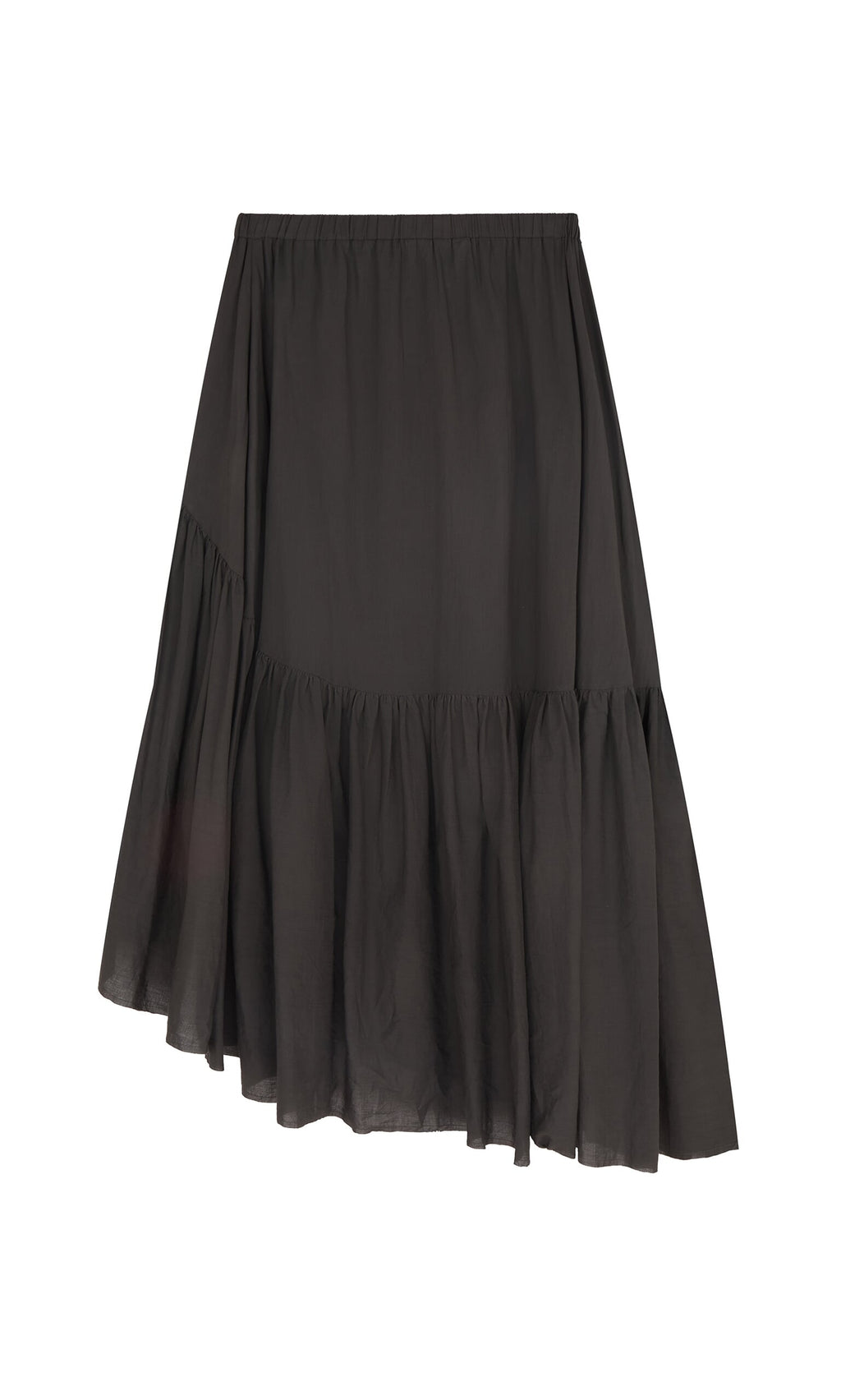 Plümo- The Skegg Skirt from PLÜMO Studio is black cotton voile with an asymmetric hem and a ruffled, flowy silhouette.