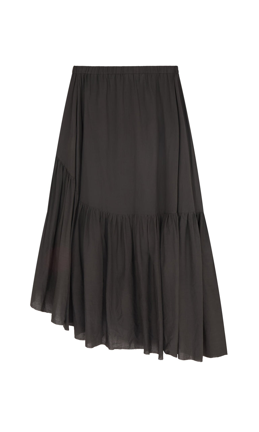 Plümo- The Skegg Skirt from PLÜMO Studio is black cotton voile with an asymmetric hem and a ruffled, flowy silhouette.