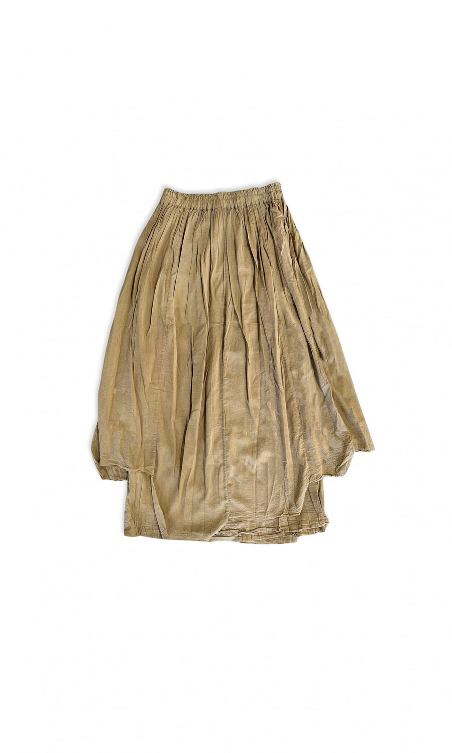 Plümo- An Asymmetric Skirt in wrinkled khaki, ankle-length with an elastic waistband, shown on a white background.