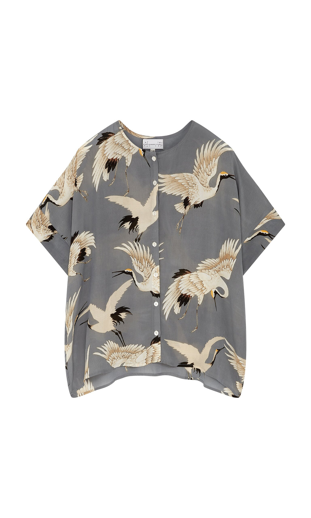 Plümo- Slate Stork Blouse: short-sleeved slate-grey kimono top featuring a pattern of white cranes.