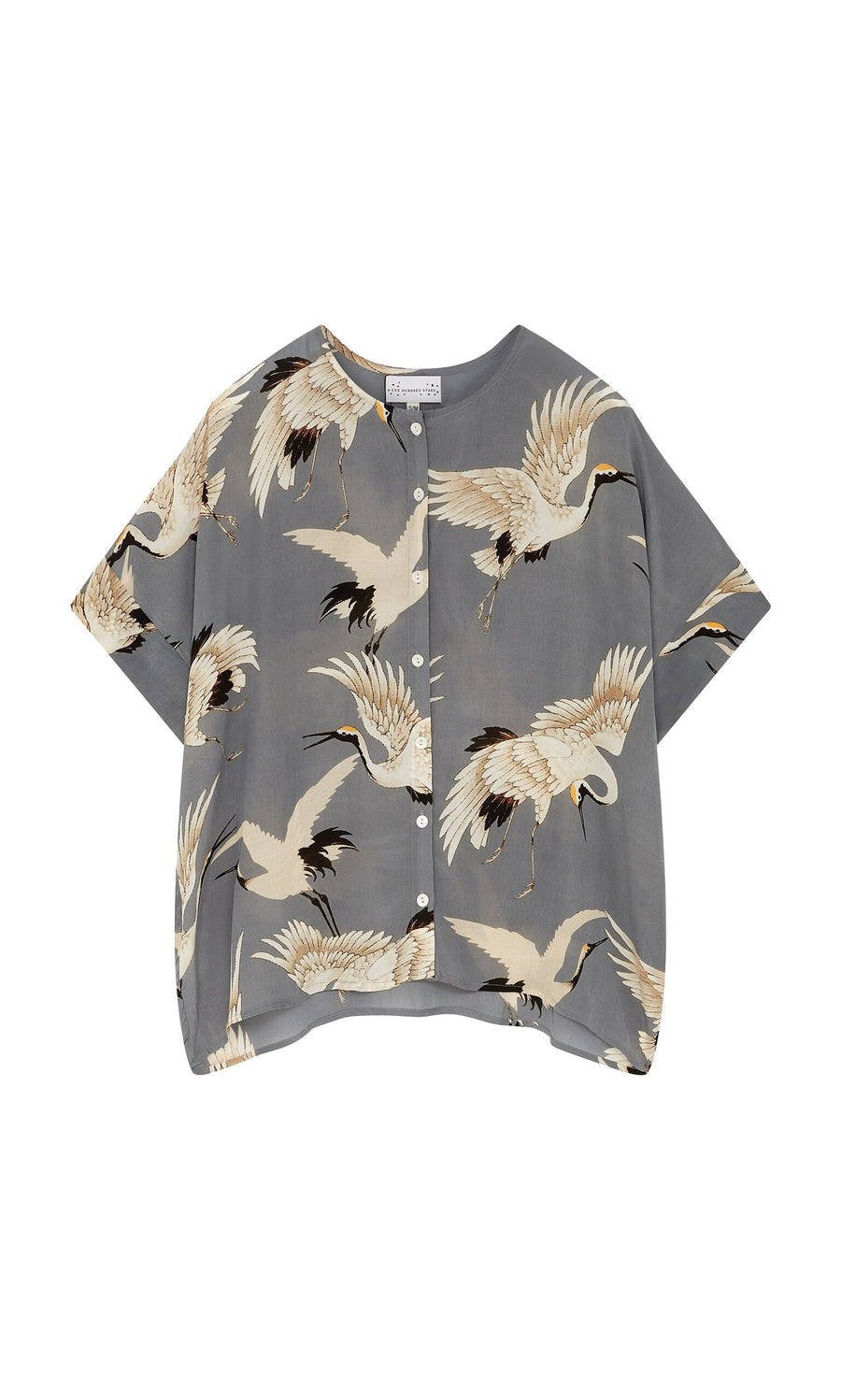 Plümo- Slate Stork Blouse: short-sleeved slate-grey kimono top featuring a pattern of white cranes.