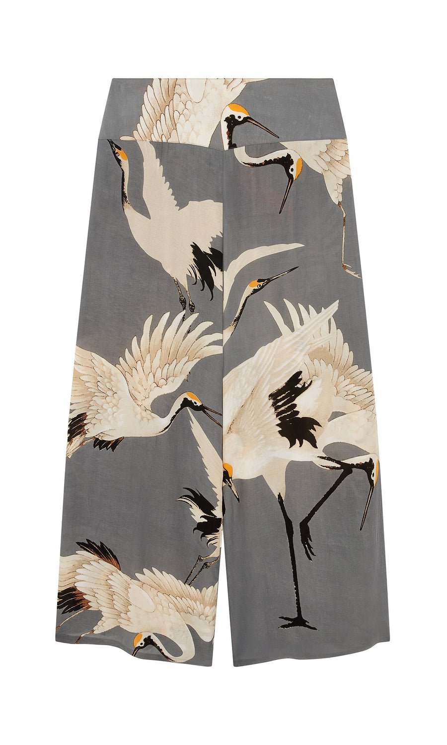 Plümo- Slate Stork Pants feature a relaxed fit, knee length, and white stork prints in flying and standing poses.