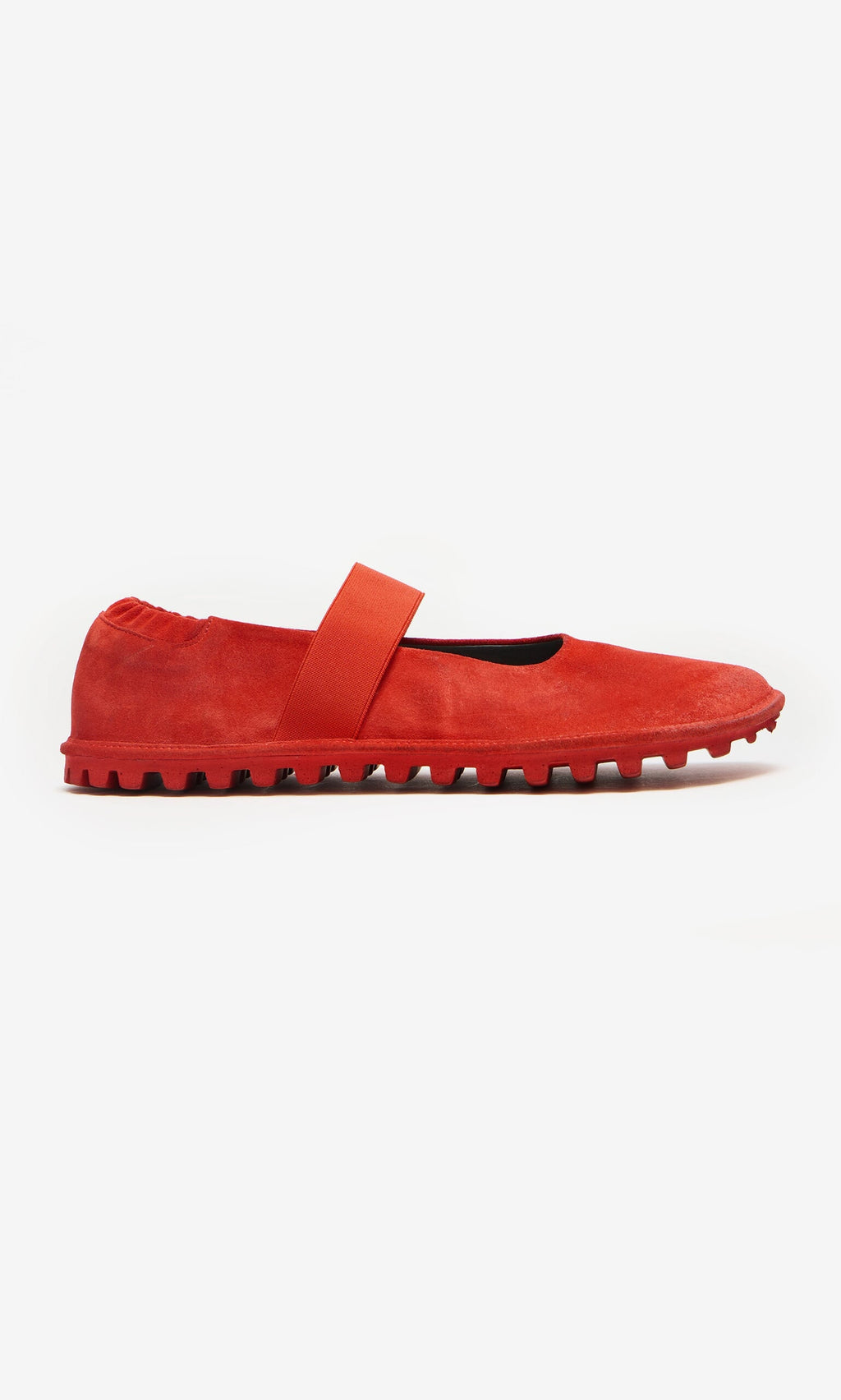 Plümo- Sola Red Flats by Lofina—handmade Italian Mary Janes in scarlet suede, with textured rubber sole and elastic strap.