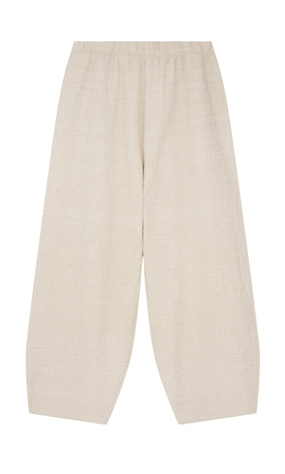 Plümo- Soren Pants: beige wide-leg linen pull-ons with elastic waistband, shown flat on white background.