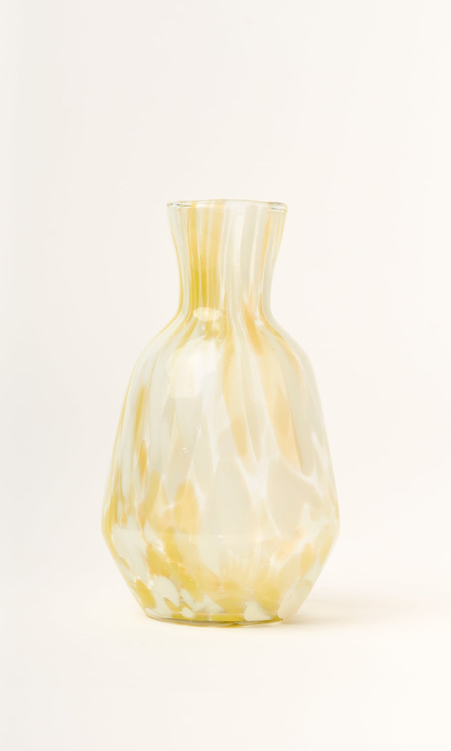 Plümo- The Speckled Glass Jug - Yellow is handmade with a wide base, narrow neck, and yellow-white marbled design.