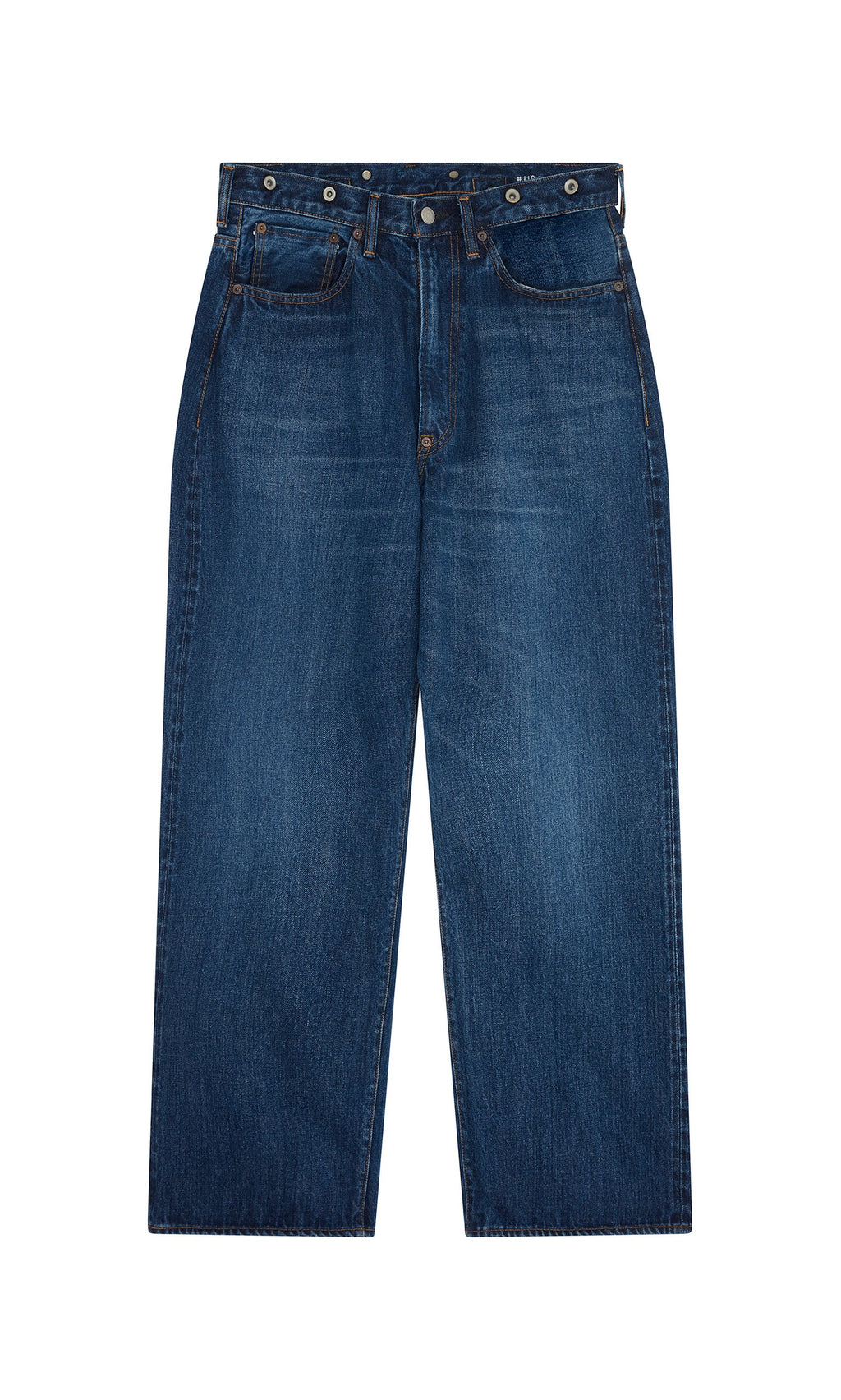 Plümo- Stack Jeans in dark denim, vintage 5-pocket style, straight-leg cut, shown flat on a white background.