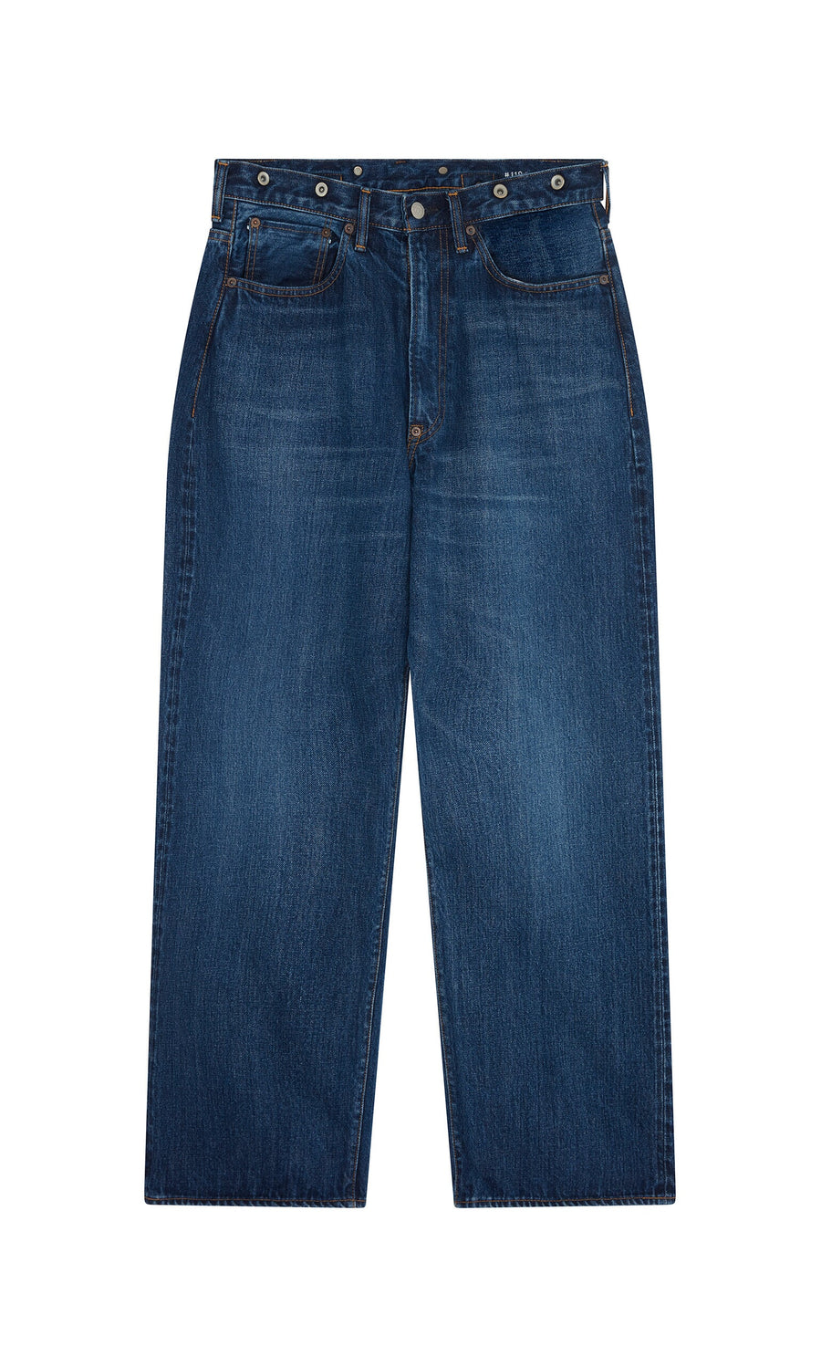 Plümo- Stack Jeans in dark denim, vintage 5-pocket style, straight-leg cut, shown flat on a white background.