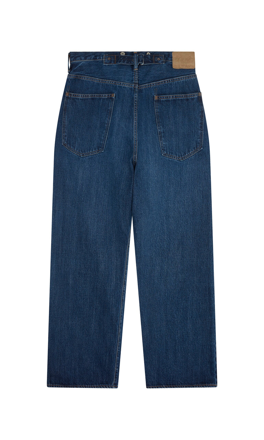 Plümo- Back view of Stack Jeans: wide-leg blue denim with 5 pockets, large back pockets, and a tan leather waistband patch.