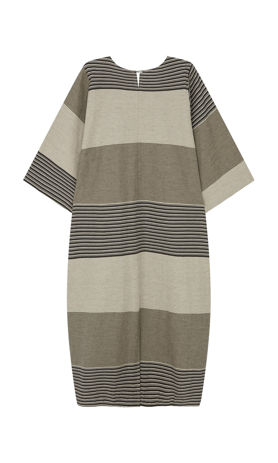 Plümo- Stonebar Dress: Loose-fitting, knee-length monochrome patchwork with wide stripes and a sculptural silhouette.