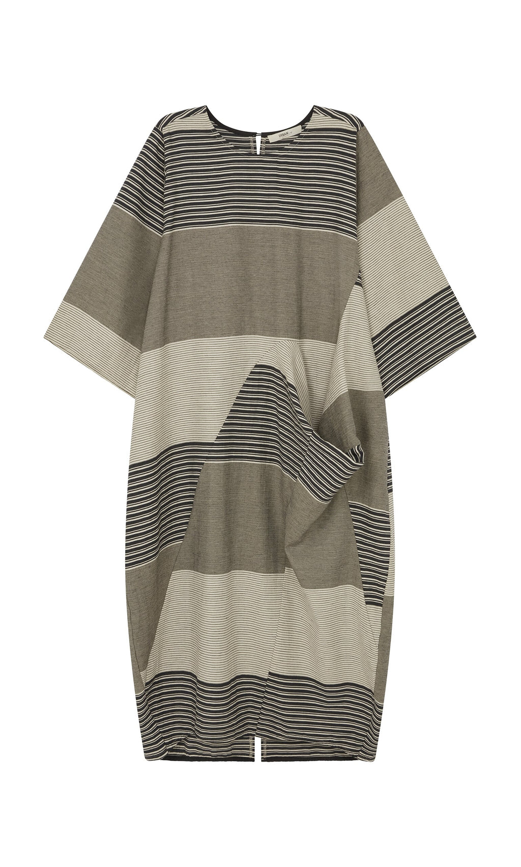 Plümo- The Stonebar Dress is a loose-fit patchwork dress with wide sleeves and beige-gray striped sculptural panels.