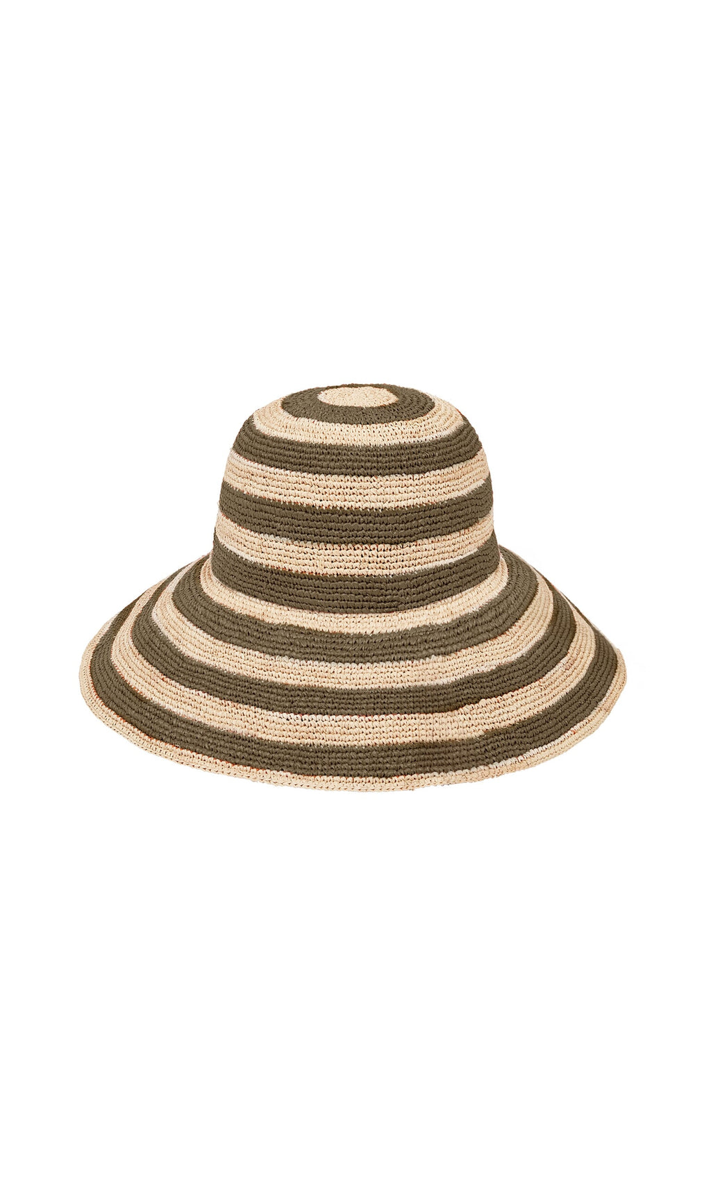 Plümo- Stripe Sun Hat: A packable straw hat with wide beige and olive green stripes on a white background.
