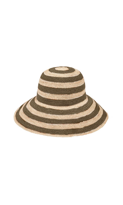 Plümo- Stripe Sun Hat: A packable straw hat with wide beige and olive green stripes on a white background.
