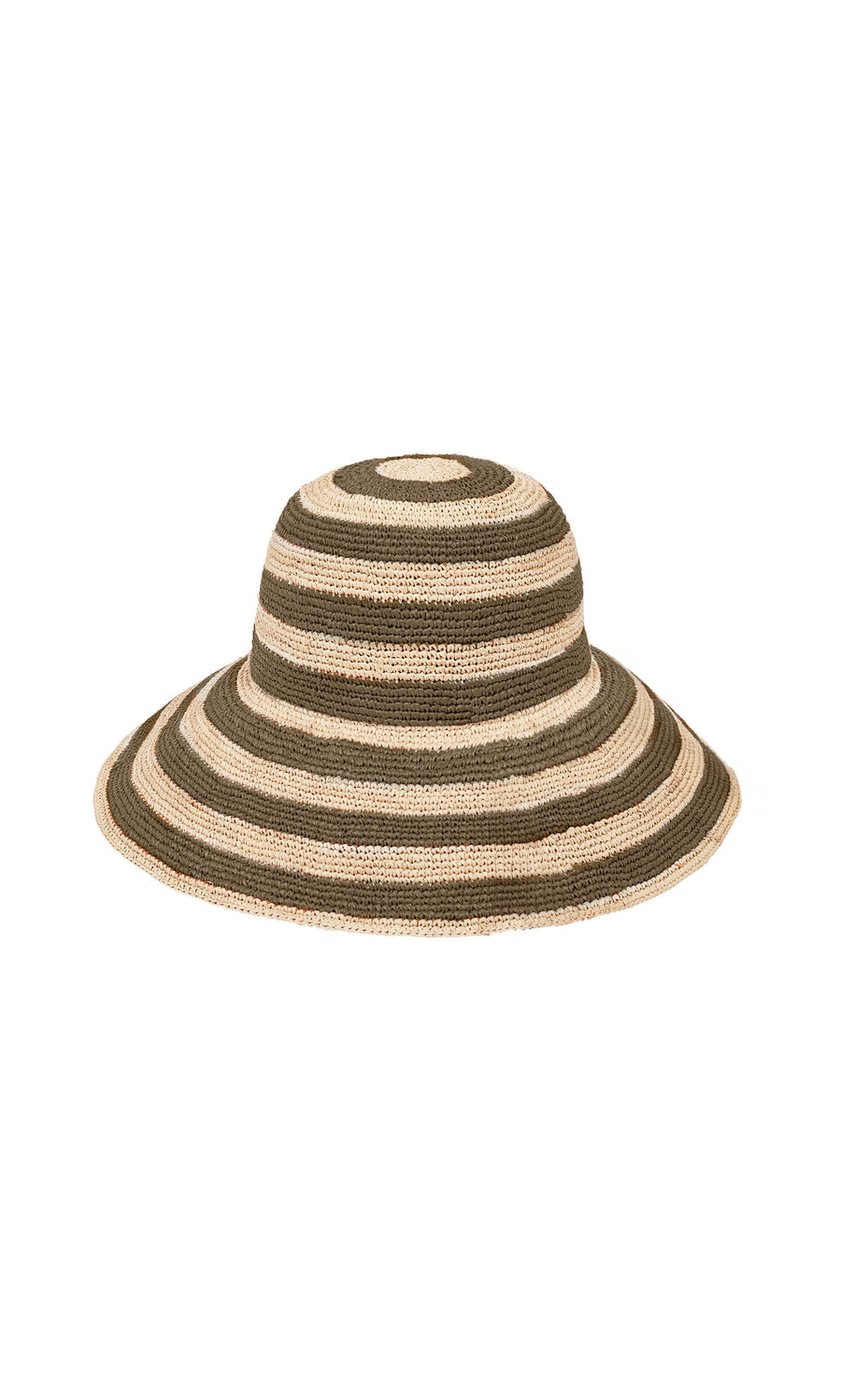 Plümo- Stripe Sun Hat: A packable straw hat with wide beige and olive green stripes on a white background.