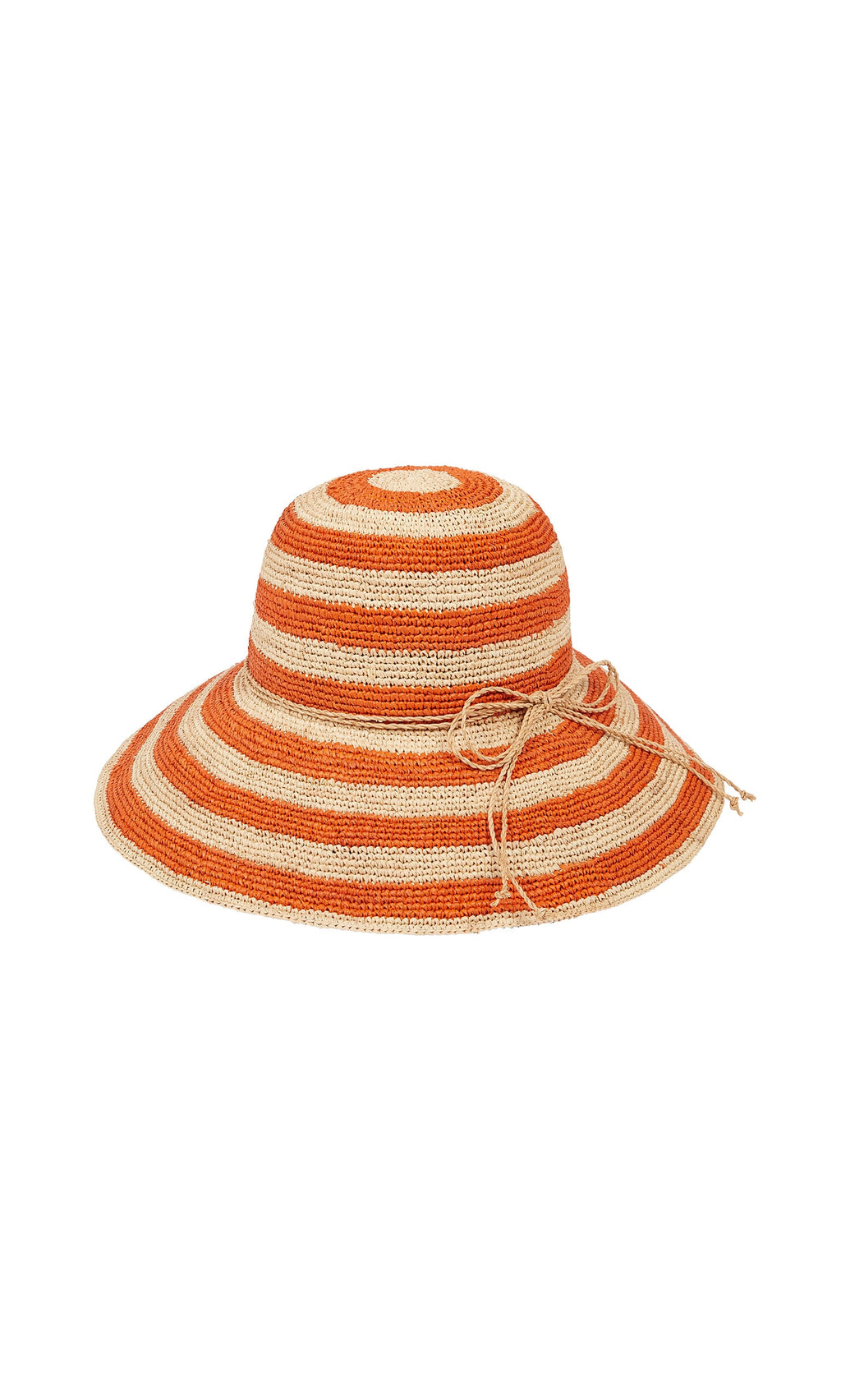 Plümo- The Orange Stripe Sunhat features orange and beige stripes with a small bow, perfect for sunny summer days.