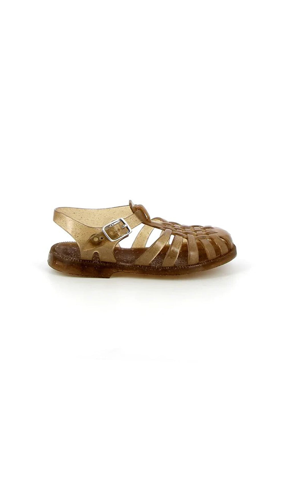 Plümo- The Hemp Sunchanvre Sandal is a brown, semi-transparent jelly sandal with a buckled ankle strap, made from recycled vegan PVC.