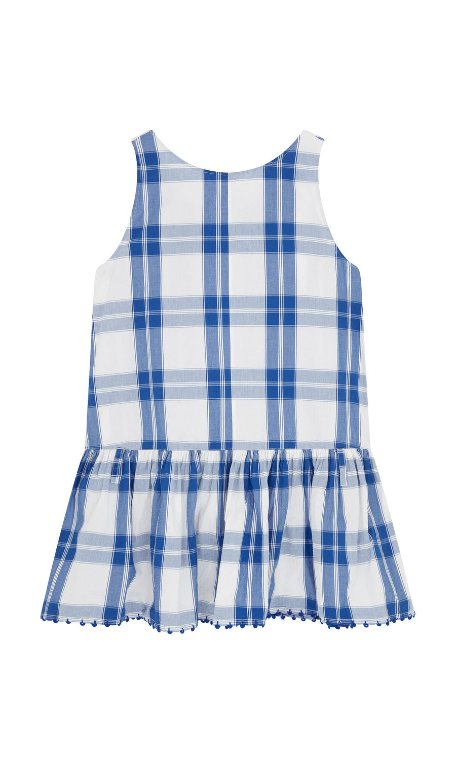 Plümo- The Swedish Swale top by Ewa i Walla is a sleeveless cotton tunic with blue-white windowpane check and peplum hem.