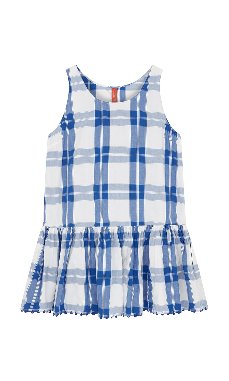 Plümo- The Swedish Swale top by Ewa i Walla is a sleeveless cotton tunic with blue/white checks, ruffled hem, and blue pom-poms.