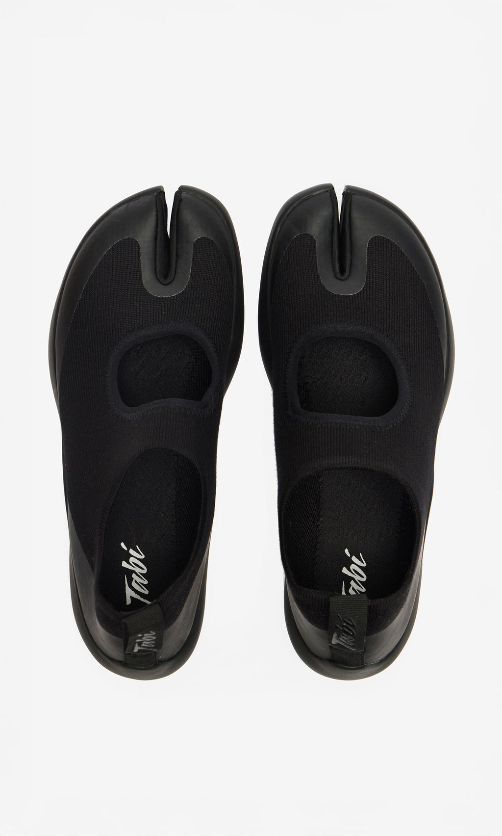 Plümo- Black Tabi Sandals with split toe and round cutouts, Japanese-inspired, shown from above on a white background.