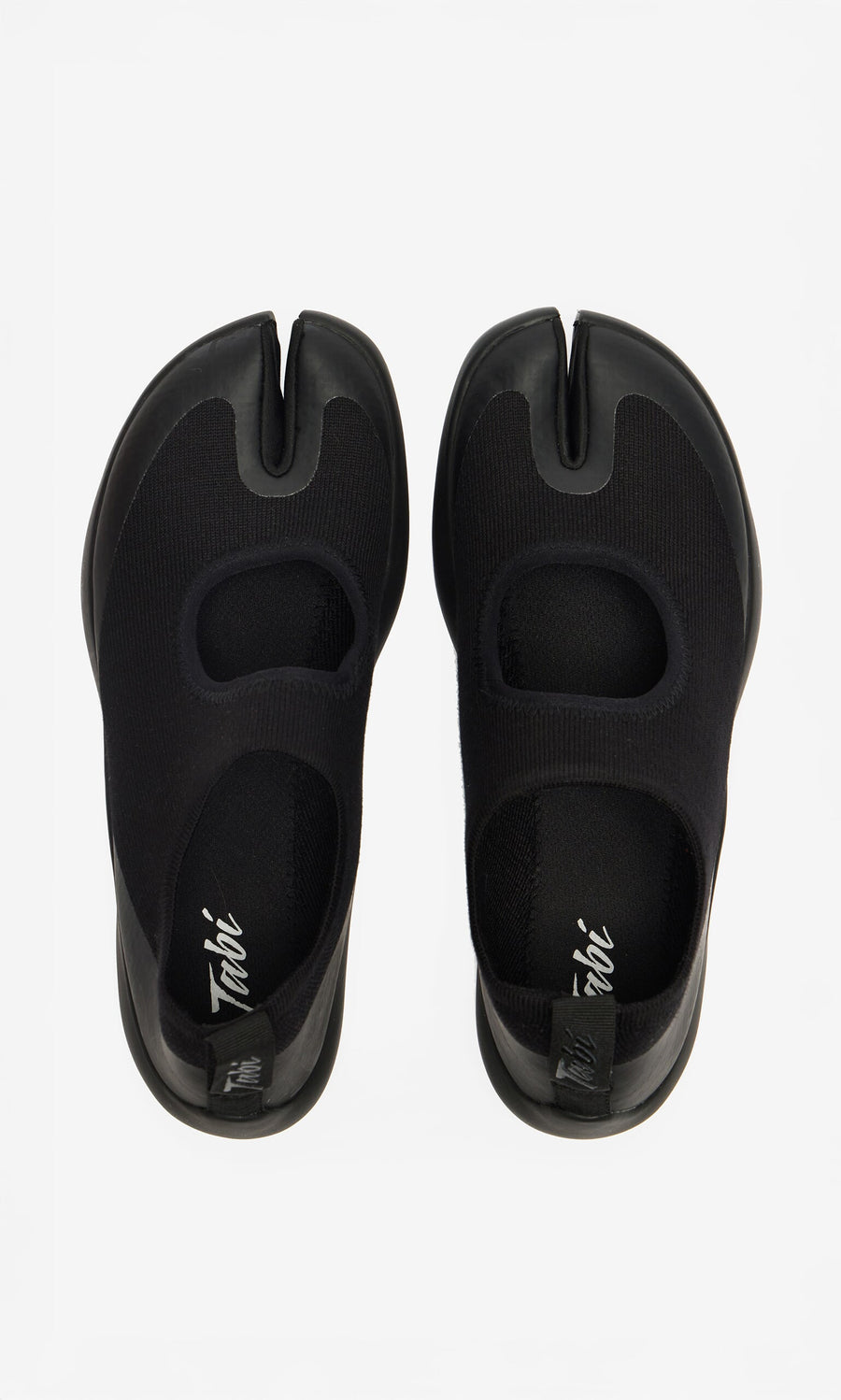 Plümo- Black Tabi Sandals with split toe and round cutouts, Japanese-inspired, shown from above on a white background.