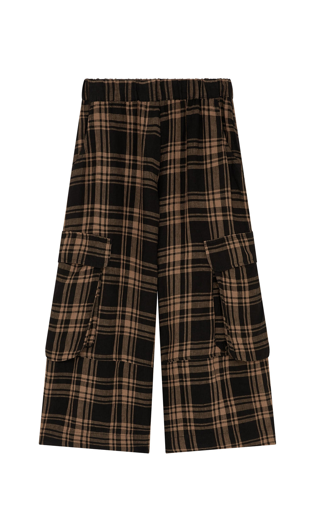 Plümo- Tam Check Pants in brown and black windowpane pattern with large cargo pockets and elasticated waist, laid flat.