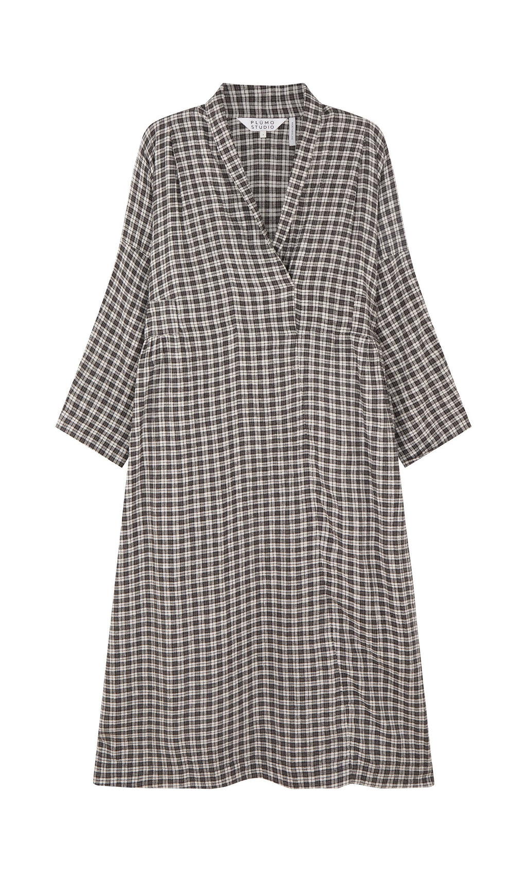 Plümo- The Tarkhan Dress - Plaid is a loose-fit, wrap-over V-neck with long sleeves, perfect for North London style.