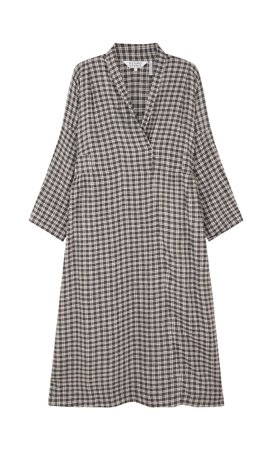 Plümo- The Tarkhan Dress - Plaid is a loose-fit, wrap-over V-neck with long sleeves, perfect for North London style.