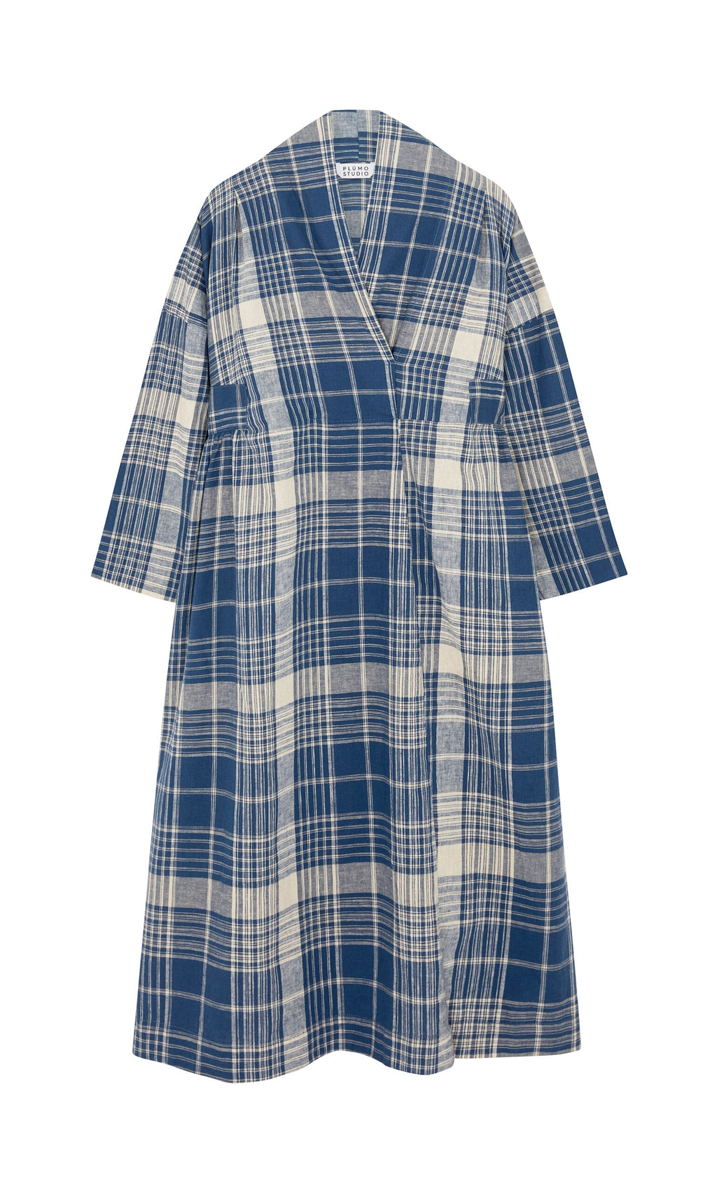 Plümo- Tarkhan Dress - Check: blue and white plaid coat, wide sleeves, v-neck, made in London with a relaxed fit.