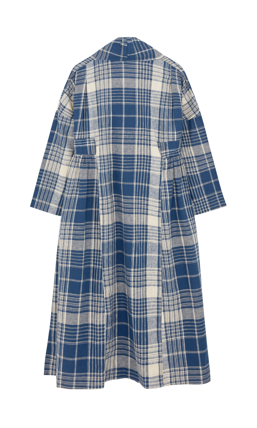 Plümo- Tarkhan Dress - Check: long blue and white plaid coat with wide sleeves, pleats, made in London.