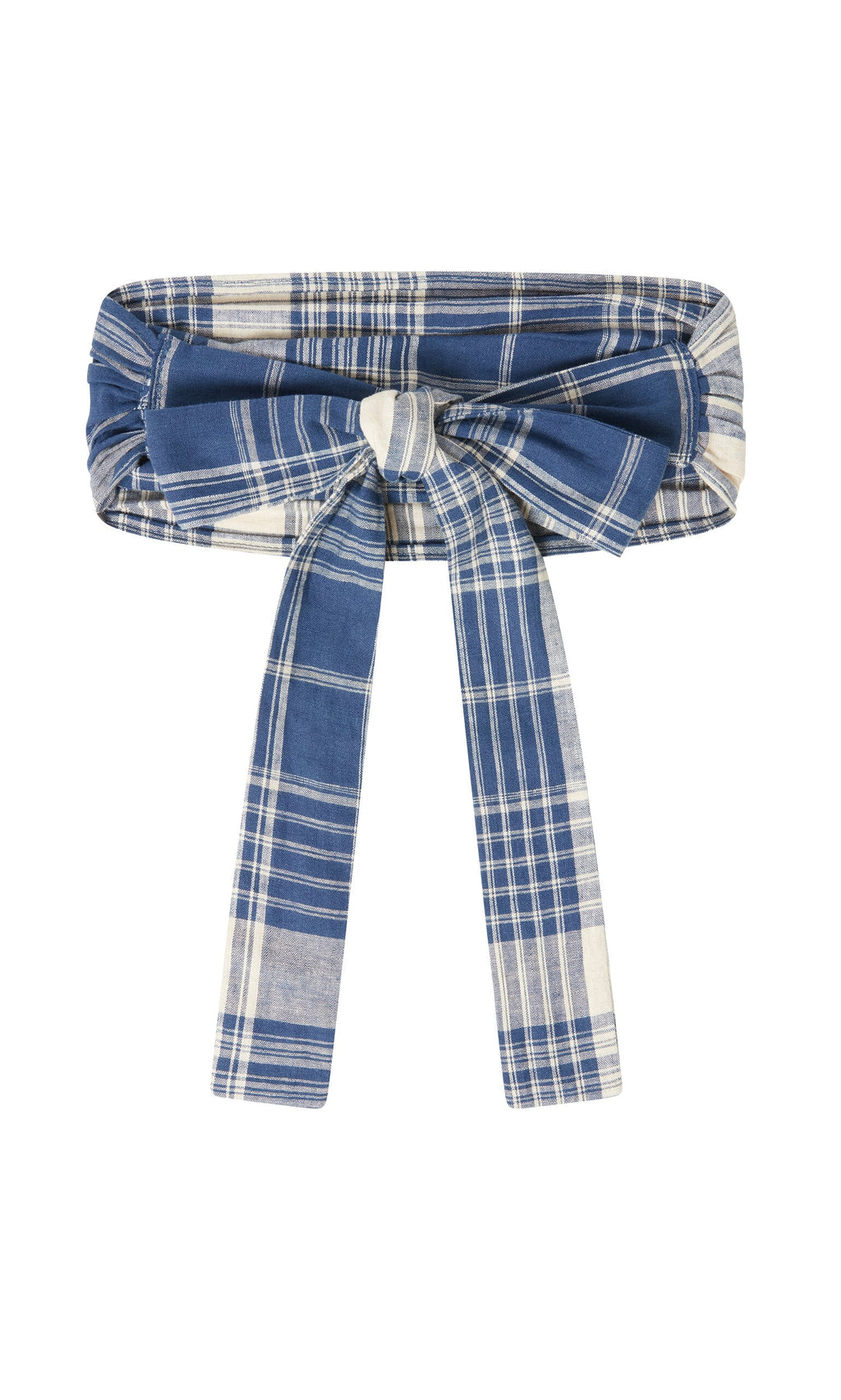 Plümo- Wrap Tie - Check: blue and white plaid Japanese Banshu-ori fabric belt with wide band and large front bow, made in London.