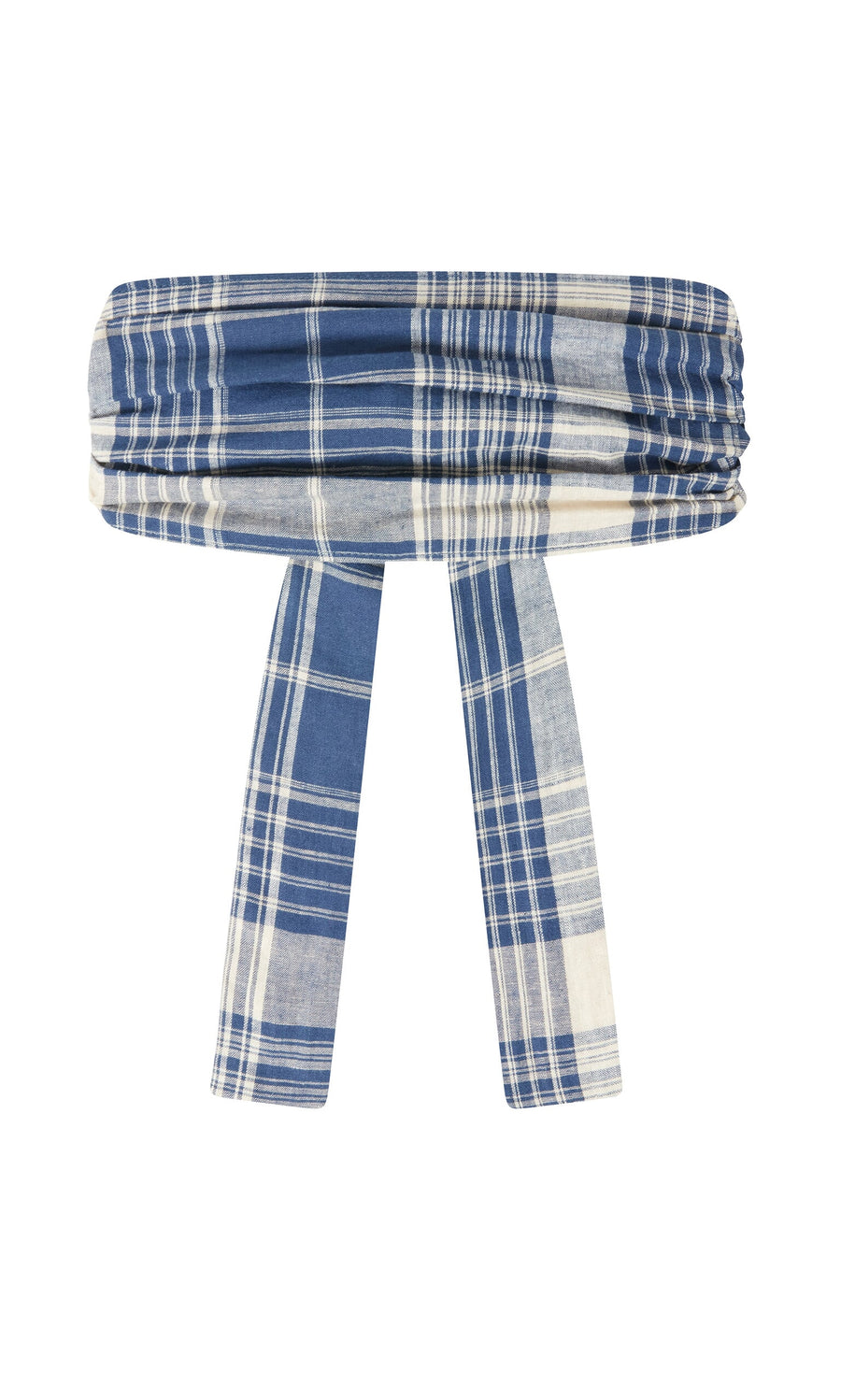 Plümo- Wrap Tie - Check: extra long blue and white plaid belt from London with two hanging ends, shown on a white background.